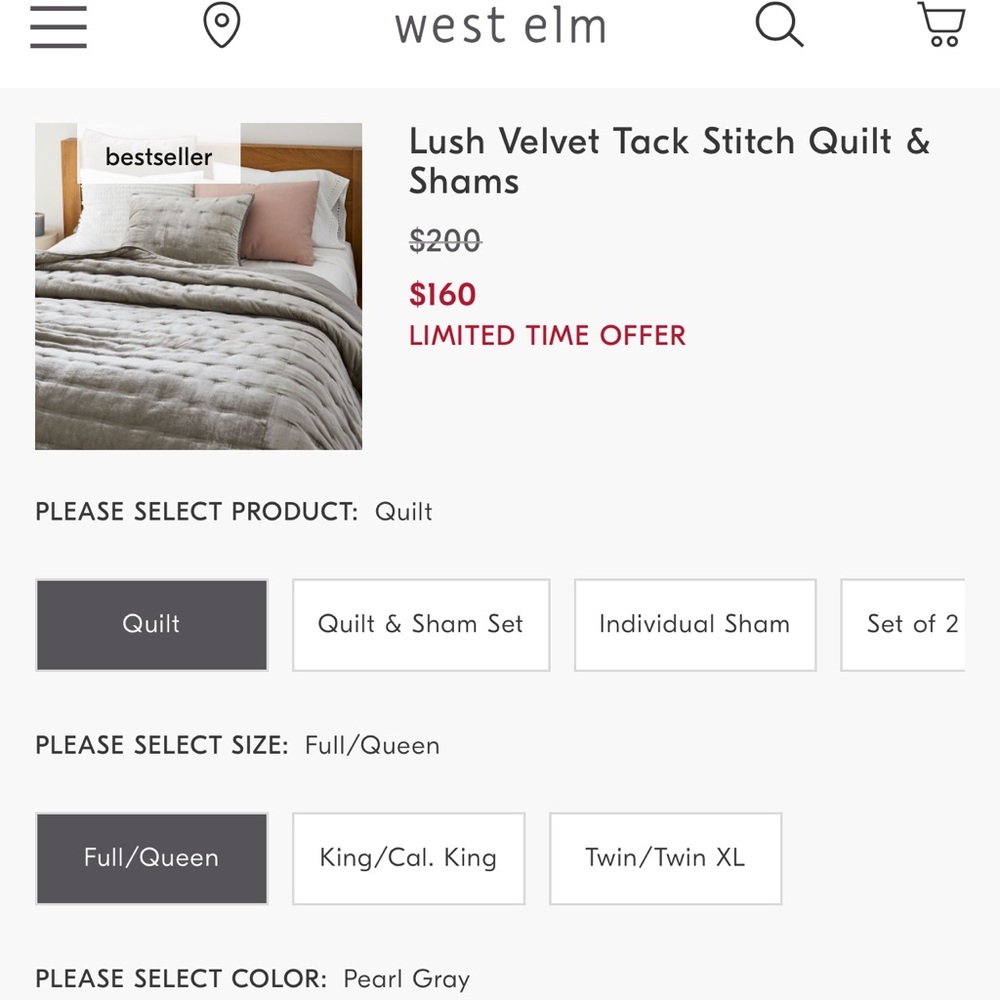 West elm lush velvet quilt and sham set